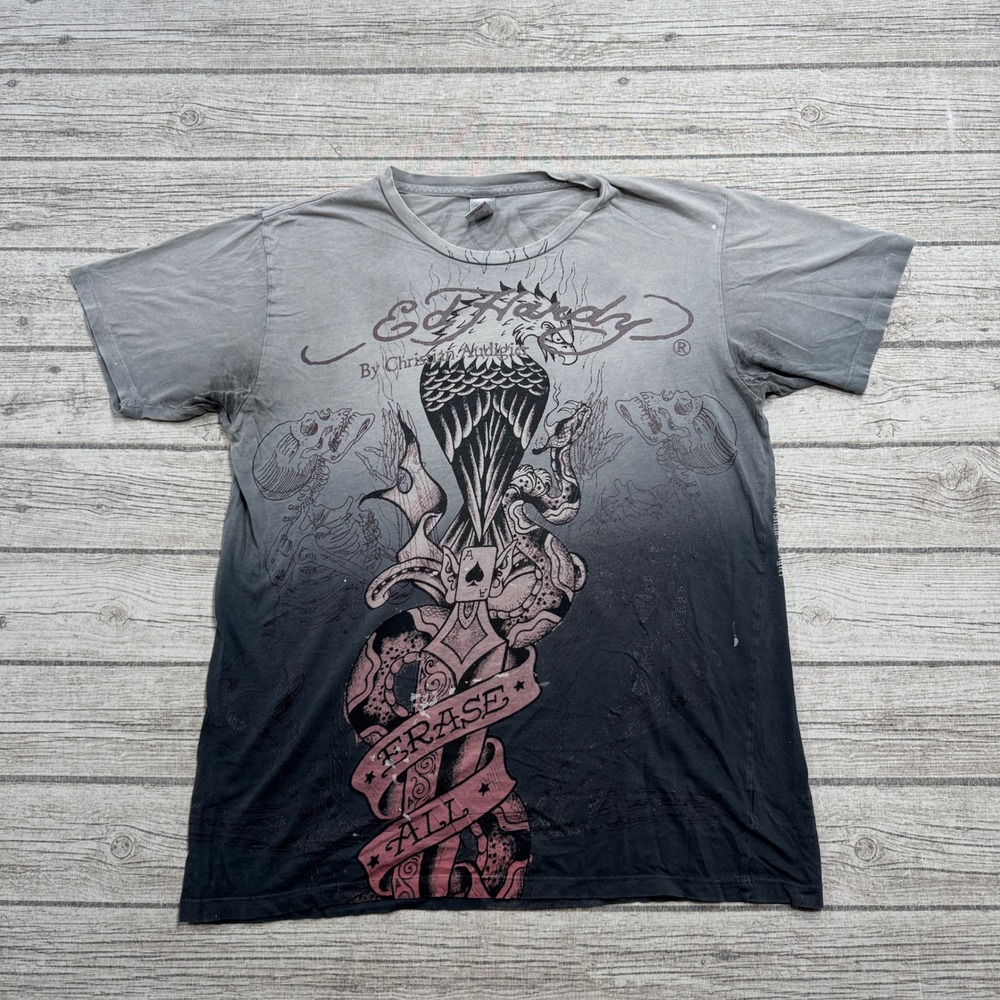 Y2K Ed Hardy T-Shirt Men's M Gray Eagle Snake Erase All Tattoo Streetwear USA